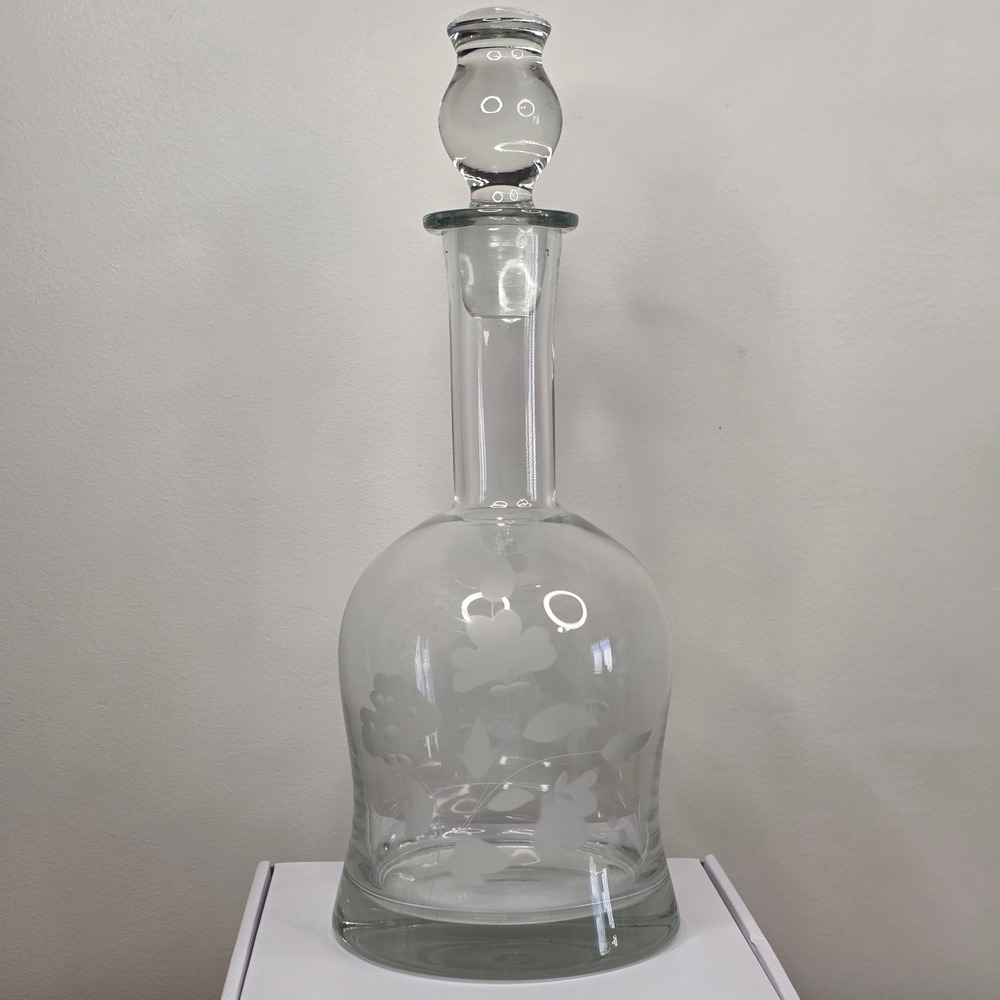 Vintage Floral Etched Glass Wine Decanter With Glass Topper 13 3/4" Clear
